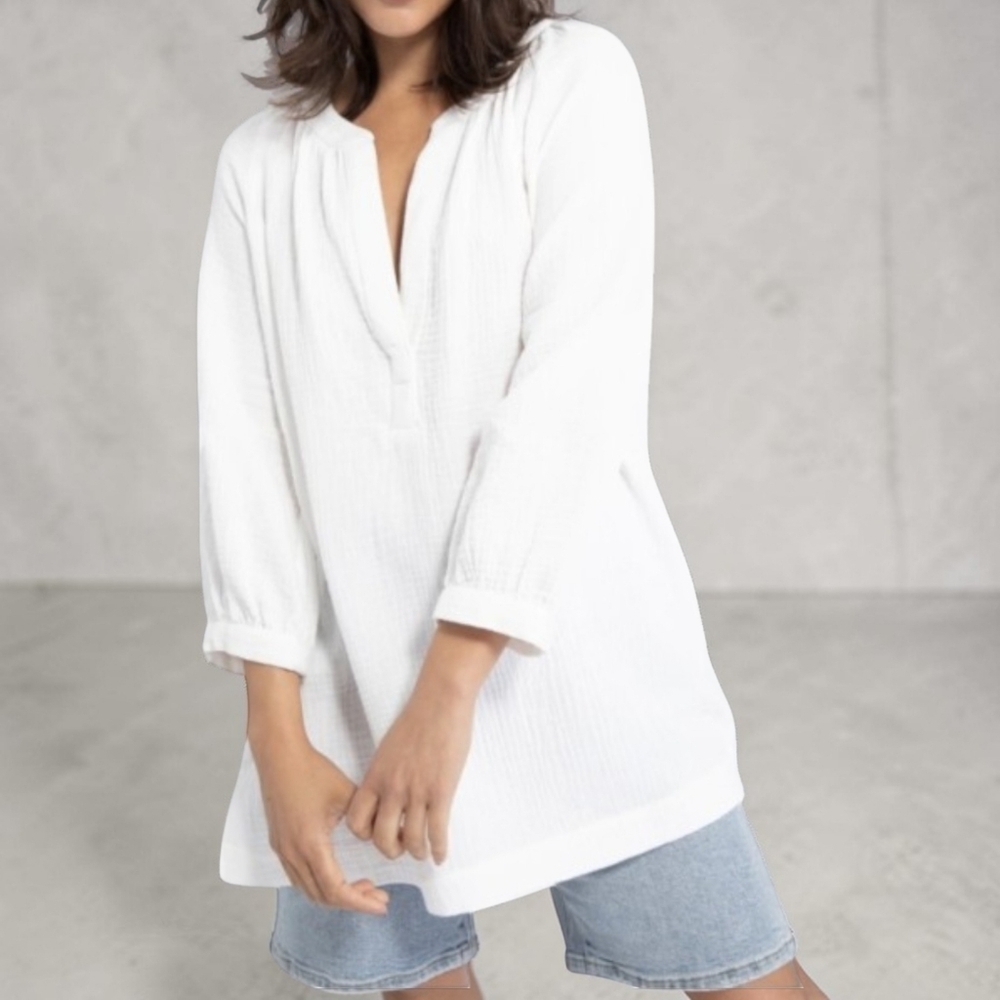 Sanctuary Island Cotton Gauze Tunic Cover-Up White V-Neck Beach Top M